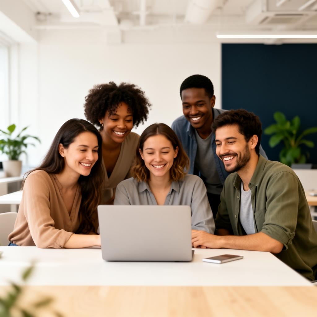 Equipe diversa colaborando em torno de um notebook
